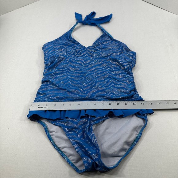 Justice Swim Girl's Size 18 One Piece Swim Suit Tie Neck Blue Preowned - Picture 8 of 11